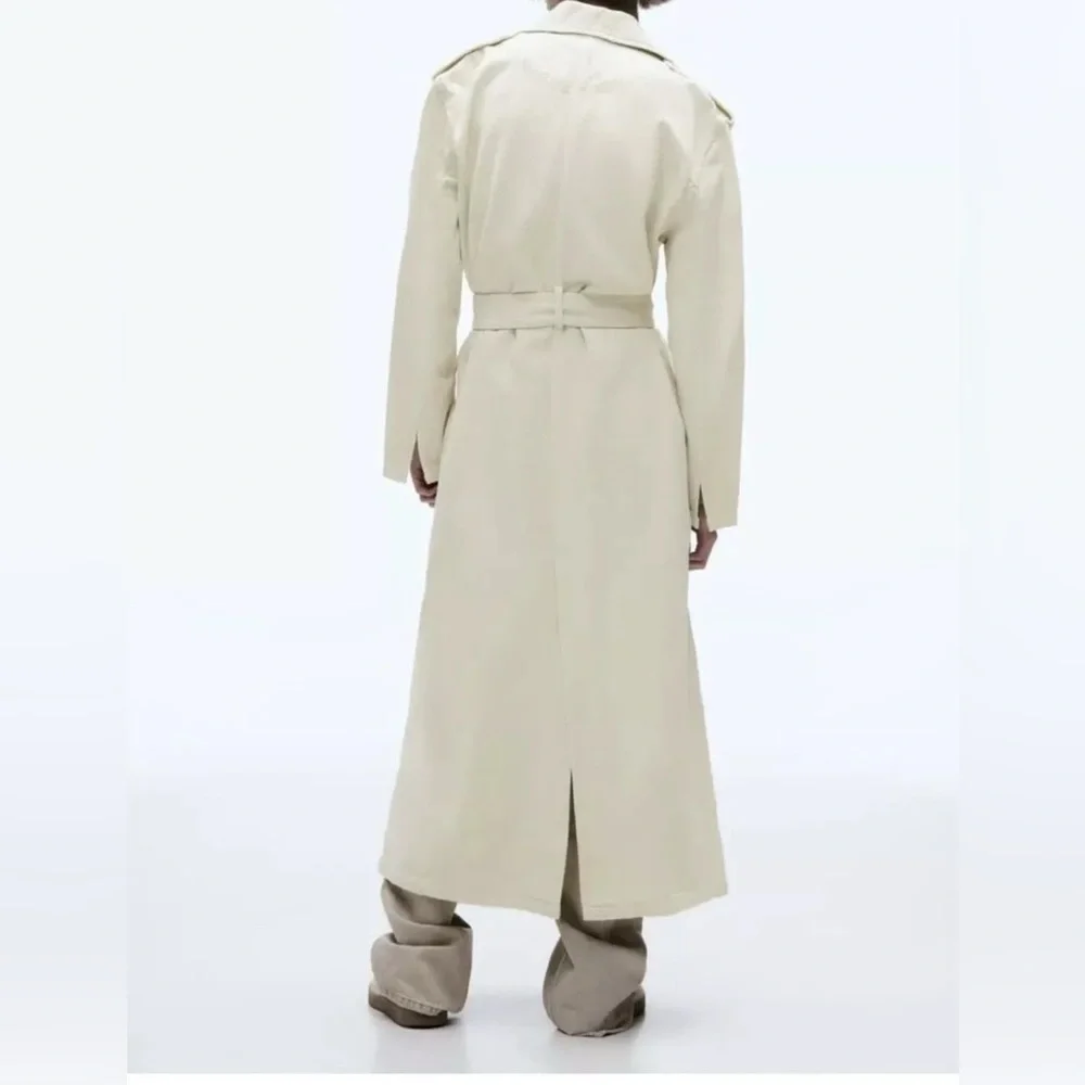 Zara Oversized Cream/Ecru Distressed Tie Waist Belted Cotton Trench Coat, NWT XS - Picture 2 of 6